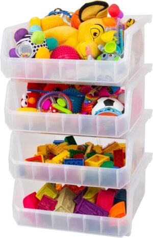 ReadySpace Extra Large Plastic Storage Bins, Stackable Organizer Containers for Closet Pantry Shelf Garage and Office Organization, Clear, 4 Pack