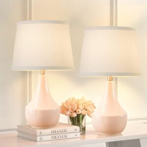 GyroVu 18″ Table Lamp Set of 2, Ceramic Lamp Classic Beside Lamps Nightstand Lamp Modern Bedside Lamp for Living Room, Bedroom & Office Rocker Switch Pink-LED Bulbs Included