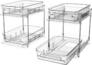 2 Tier Bathroom Storage Organizer, 2 Pack Clear Under Sink Organizers, Cabinet Drawer Bins for Vanity Counter, Kitchen, Pantry