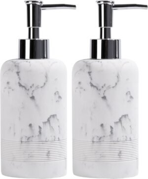 YMXYJM 2pcs/Set Hand Soap Dispenser Sets – 10.8oz Refillable Resin Liquid Soap Dispensers with Rust-Proof Pump for Bathroom Countertop or Kitchen, Marble White