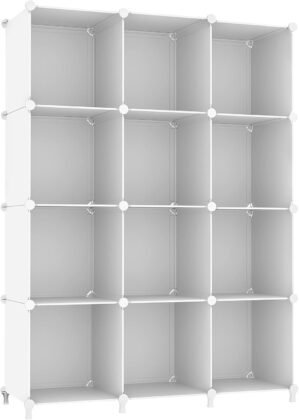 AWTATOS Cube Storage Organizer Storage 12 Cube Bookshelf DIY Plastic Closet Clothes Storage Shelves with Wooden Mallet, Stackable Storage Solution for Home, Bedroom, White