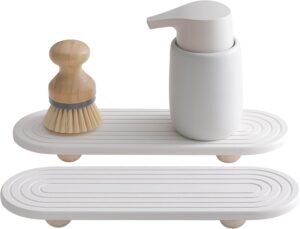 2PCS Water Absorbing Stone Tray for Sink, Quick Drying Diatomite Bathroom Tray Countertop, Stone Drying Mat for Kitchen Counter Faucet, Soap Dish Dispenser Vanity Organizer, White-11.8″ x 4″