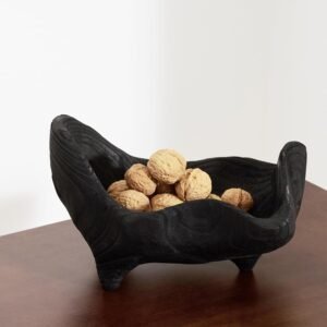 DN DECONATION Oak Wood Black Decorative Bowl-9.25×5.51 Inch Small Bowl for Entryway Key, Fruit, Candy with feet, Boho Farmhouse Home Decor for Dining Room, Coffee Table Centerpiece