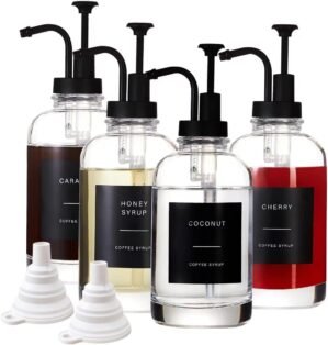 Coffee Syrup Dispenser for Coffee Bar 4Pack Coffee Syrup Pump Dispenser Accessories (500ml) 16.9 oz Glass Syrup Dispenser with 36 Labels,Coffee Syrup Bottles with Matte Pump Black