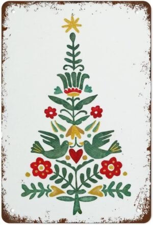 NAMEY Scandinavian Christmas Print, Watercolor Tree, Decoration, Holiday Decor, Norwegian Folk Art Print Swedish Polish Danish Funny Vintage Metal Tin Sign for Home Coffee 12×8 Inch