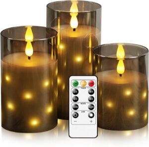 Nimiko Real Wax Flameless Candles Glass,Battery Operated LED Candles with Flickering Flame,Glass Shell,Interior Star Light Decoration Set of 3 Grey (D 3″×H 4″ 5″ 6″) for Home Decor,Holiday Decoration