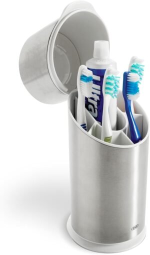 OXO Good Grips Stainless Steel Toothbrush Organizer, Bathroom Organizer and Storage, Toothbrush Holder for Countertop, Sleek Modern Bathroom Accessories