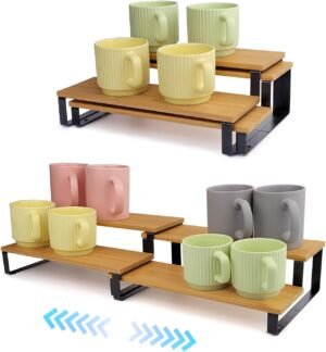 2-Tier Expandable Coffee Mug Holder for Cabinet, Black Metal & Bamboo Cup Organizer Rack, Kitchen Counter Shelf for Spices & Tea, Coffee Bar Accessories Storage, Sturdy Pantry Insert (Natural)