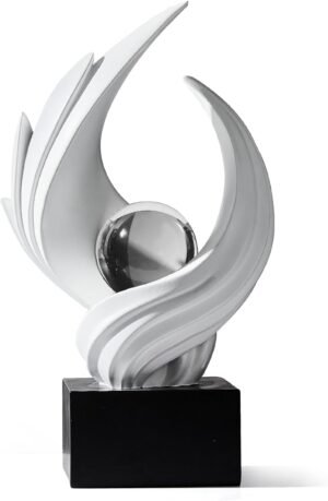 Abstract Flame Art Statue-Modern Home Decor Table &Book Shelf-with Glass Ball (10.43in Tall Figurine) (White)