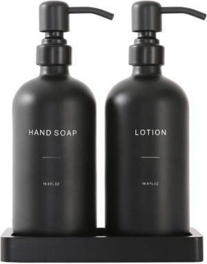 Prus Waso Black Soap Dispenser Bathroom Set, Soap and Lotion Dispenser Set with Stainless Steel Pump, Perfect for Bathroom Decor. (Black)