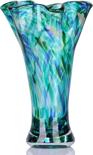 9.0″ H Teal Glass Vases for Flowers, Unique Hand Blown Glass Vase Green Home Decor, Wide Mouth Colorful Flower Vase Centerpieces, for Living Room Table Bookshelf, Bathroom Office Shelf Decorative