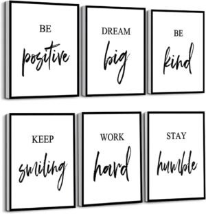 Inspirational Wall Art, Framed Motivational Canvas Wall Art Positive Quote for Living Room Bedroom Office, Stretched Ready to Hang (Set of 6, 8X10in, Framed)