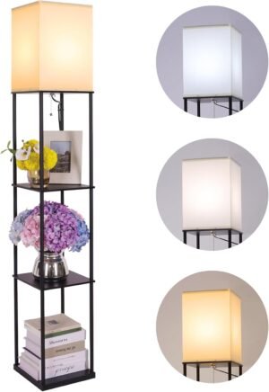 Gupuzm Floor Lamp with Shelves, Modern Square Standing Lamp with 3 Color Temperature Bulb, Corner Display Bookshelf Lamp for Living Room, Bedroom and Office (Black)