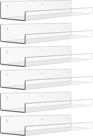upsimples 6 Pack Acrylic Shelves for Wall Storage, 15″ x 4“ Floating Bookshelves for Kids, Display Shelf Organizer for Bathroom, Bedroom, Living Room, Kitchen, Room Decor, Clear
