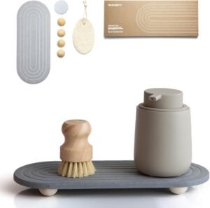 Instant Dry Sink Caddy Organizer – Water Absorbing Stone Tray for Kitchen Bathroom Countertop, Fast Drying Sink Caddy (with Wooden Feet and Natural Loofah, Gray)