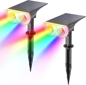 Linkind Solar Lights Outdoor Waterproof IP65, StarRay RGB Solar Spot Lights Outdoor, Color Changing Outdoor Solar Lights for Yard, Garden, Pathway, Holiday Decor (Multicolor, 2 Pack)