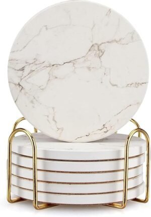6 Pack White Marble Coaster Set with Holder Absorbent Drink Coasters Ceramic Cute Coaster Bar Dining Coffee Table Accessories Decor Gift Funny Cup Stone Modern Costers Cool Desk Beer Cork Coasters