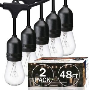 SUNTHIN 2 Pack 48FT Outdoor String Lights,Hanging Incandescent String Lights Commercial Grade Waterproof Patio Light Outside with Dimmable Connectable Edison Glass Bulbs for Bistro,Party,Holiday Decor