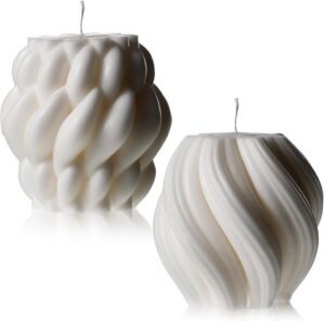 Threlaco 2 Pcs Decorative Pillar Candles Modern Aesthetic Knot Ball Swirl Candles Scented Soy Wax Ribbed Decor for Home Shelf Table Room Decor Christmas Holiday Housewarming Gift