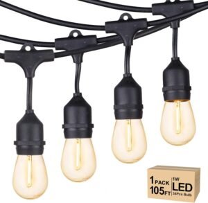 Svater Outdoor String Lights Led 105FT, Commercial Grade Patio Light with 1W Dimmable S14 Shatterproof Bulbs, ETL Listed Heavy-Duty Outside Waterproof Cafe Bistro Market Lighting Warm White