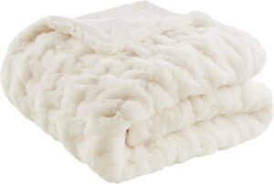 Madison Park Ruched Fur Luxury Throw Premium Soft Cozy Brushed Long Faux Fur For Bed, Couch or Sofa , 50×60″ , Ivory
