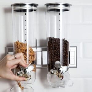 3L Wall Mount Double Cereal Dispenser, Dual Control Food Dispensers Dry Food Storage Container with 2Cups for Coffee Bean Rice Candy Oatmeal Nuts, ABS Material (Silver)
