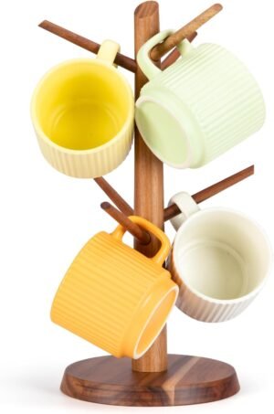 Coffee Mug Holder Countertop Natural Acacia Wood Mug Tree, Wooden Mug Organizer with 6 Hooks for Kitchen Coffee Bar, Easy to Assemble, Ideal for Small to Medium Mugs