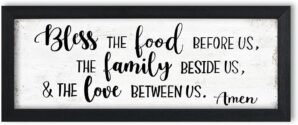 Bless the Food Before Us Wall Decor: Christian Bible Verse Wall Art Farmhouse Kitchen Dining Room Wall Decor Framed Small Plaque with Sayings – The Family Beside Us and The Love Between Us Signs