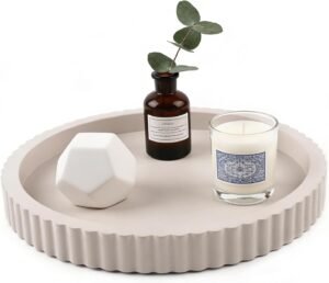 Modern Decorative Tray for Coffee Table, 11″ Wooden Gray Beige Round Small Decor Tray for Candle, Perfume, Vanity, Kitchen Island Counter & Table Centerpiece