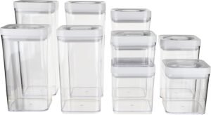Amazon Basics Airtight Food Storage Containers, BPA Free, Dishwasher Safe, with Twist/Turn Lids, for Kitchen Pantry Organization, 10-Piece Square Set, Clear Plastic