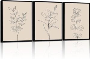 CHTEXA Minimalist Botanical Wall Art Set Of 3 Framed Canvas Prints Neutral Beige Plant Line Art Decor For Living Room Bedroom Bathroom Office 12×16 Inch