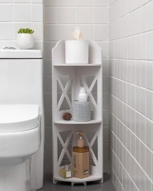 J JINXIAMU Corner Shelf Stand, Storage Organizer Great for Bathroom, Corner Shelf Perfect for Small Space,Waterproof Stand Also Use for Toilet Paper Stand,White