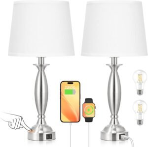 Seealle White Lamps for Bedrooms Set of 2 – Touch Control Bedside Lamp with USB C+A, 3 Way Dimmable Nightstand Lamps with USB Port, Table Lamp for Living Room(White Shade and Nickel Base)