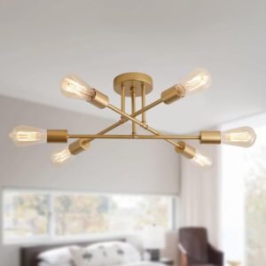 MEIXISUE Gold Modern Sputnik Chandelier Ceiling Light Fixtures,6-Lights Industrial Metal Semi Flush Mount Ceiling Light for Bedroom Dining Room Living Room Kitchen Hallway UL Listed