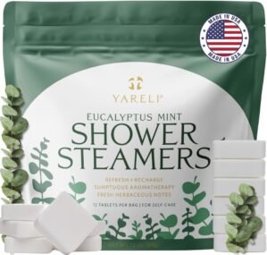 Yareli Eucalyptus Mint Shower Steamers Aromatherapy – Potent Essential Oils, Slow-Dissolve Tablets for Daily Shower Self-Care – Dye-Free, Made in USA – 12 Pack