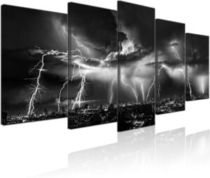Biuteawal – Black and White Wall Art Nature Lightning Strikes in The Clouds Painting on Canvas Storm and City Night View Picture Print for Home Office Living Room Decoration Wall Decor