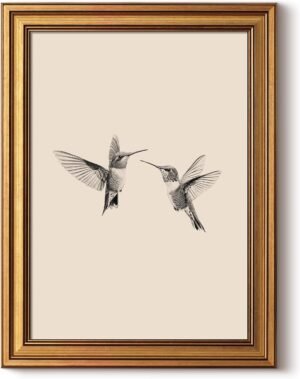 InSimSea Gold Framed Canvas Prints Wall Art, Vintage Birds Decor, Two Hummingbirds Sketch Paintings Farmhouse Wall Decor Aesthetic, Minimalist Pictures for Bedroom Living Room Shelf, 12x16inch