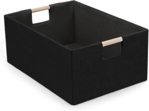 Foldable Fabric Storage Basket for Shelves, Linen Decorative Storage Bin with Wooden Handles, Small Organizer Cube for Closet, Rectangle Canvas Box for Organizing, Decor, 15×10.6×6 Inches (Blcak)