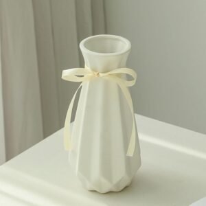 Origami Ceramic Vase with Ribbon, 7.9″ H, Artistic Design Flower Vase Geometrical Style for Modern Home Decoration
