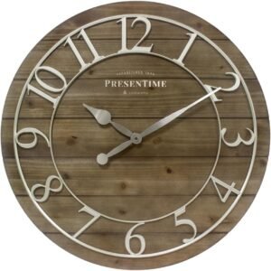 Presentime & Co Vintage Farmhouse Shiplap Clock, 19.5 inch, Silver Arabic Numerals with Weathered Pine Wood Shiplap Style. Large Farmhouse Decor for Living Room, Entryway, Home Office, Wall Décor