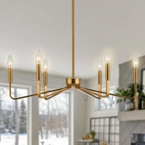 Brushed Gold Chandeliers for Dining Room, 6-Light Modern Farmhouse Chandelier, Brass Candle Style Hanging Light Fixture for Living Room Bedroom Kitchen Island
