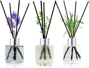 3 Pack Fragrance Reed Diffuser, 50ML Lavender Jasmine Lemongrass Aromatherapy Diffuser Set with 12 Black Fiber Sticks,Air Freshener for Bedroom Bathroom Office, 8.2X 6.6X 2.1 inch