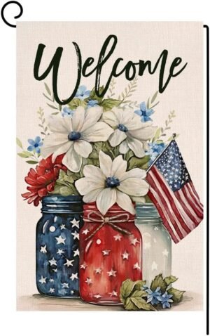 4th of July Floral Garden Flag 12×18 Vertical Double Sided Patriotic Mason Jar Flowers Red Blue Memorial Day Independence Day Holiday Outside Decorations Burlap Yard Flag BW321