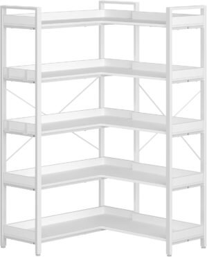 Rolanstar Bookshelf 5 Tier with 4 Hooks, Reversible Corner Bookshelf, 65″ Industrial Wooden Bookcase with Open Shelves and Metal Frame for Living Room, Bedroom, Home Office, White