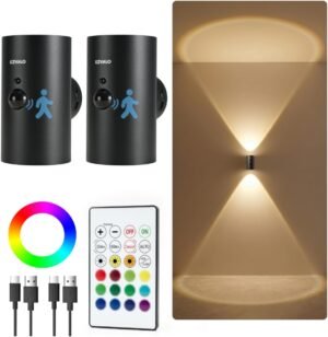 EZVALO Motion Sensor Wall Lights, Rechargeable Battery Operated LED Wall Sconce with Remote, 3 Color Temps & RGB, Peel and Stick Wall Lamps for Hallway, Stairway, Living Room (2 Pack, Black)