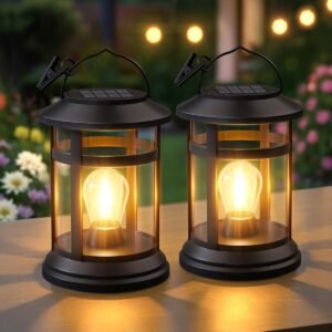 Solar Lanterns Outdoor Waterproof: 2 Pack Hanging Solar Lights for Outside Patio Porch Garden Tabletop Decor – Bright LED Warm White Solar Powered Lighting – Unique Gardening Gifts for Mom