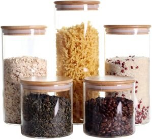LEAVES AND TREES Y Stackable Kitchen Canisters Set, Pack of 5 Clear Glass Food Storage Jars Containers with Airtight Bamboo Lid for Candy, Cookie, Rice, Sugar, Flour, Pasta, Nuts