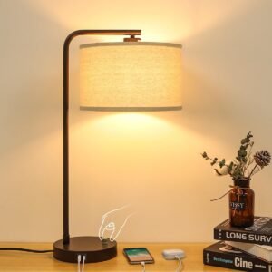 25″ Tall Table Lamp with USB C+A Ports, Fully Stepless Dimmable Modern Minimalist Bedside Nightstand Lamp, Reading Desk Lamp for Bedroom, Living Room, Study Room, Office, 9W 3000K LED Bulb Included