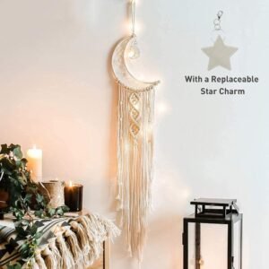 Boho Macrame Woven Wall Hanging, Crochet Crescent Moon Star Dream Catcher with Long Tassel- White Cotton Handmade Bohemian Home Decor Decoration Art Craft for Kids Bedroom Dorm Room