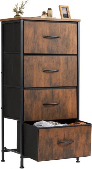 Sweetcrispy 4 Drawer Dresser Fabric Storage Tower with Wood Top, Brown | Sturdy steel frame, fabric drawers, easy-pull handles. Small space-saving organizer for bedroom, closet, entryway.